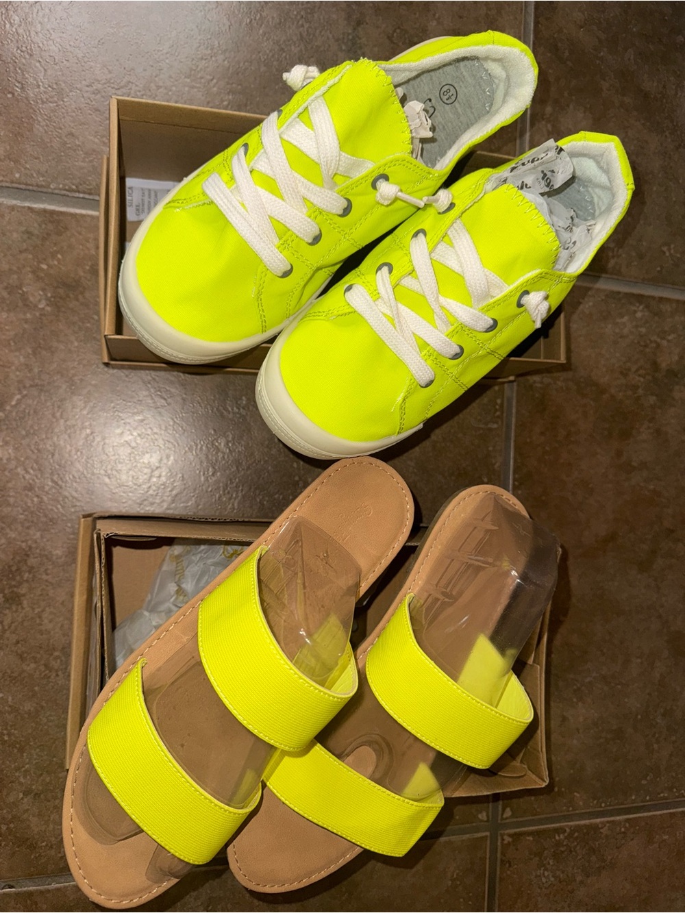 Lot of 2 Pair of Shoes- Neon Yellow Canvas Sneakers and Slide Sandals Set